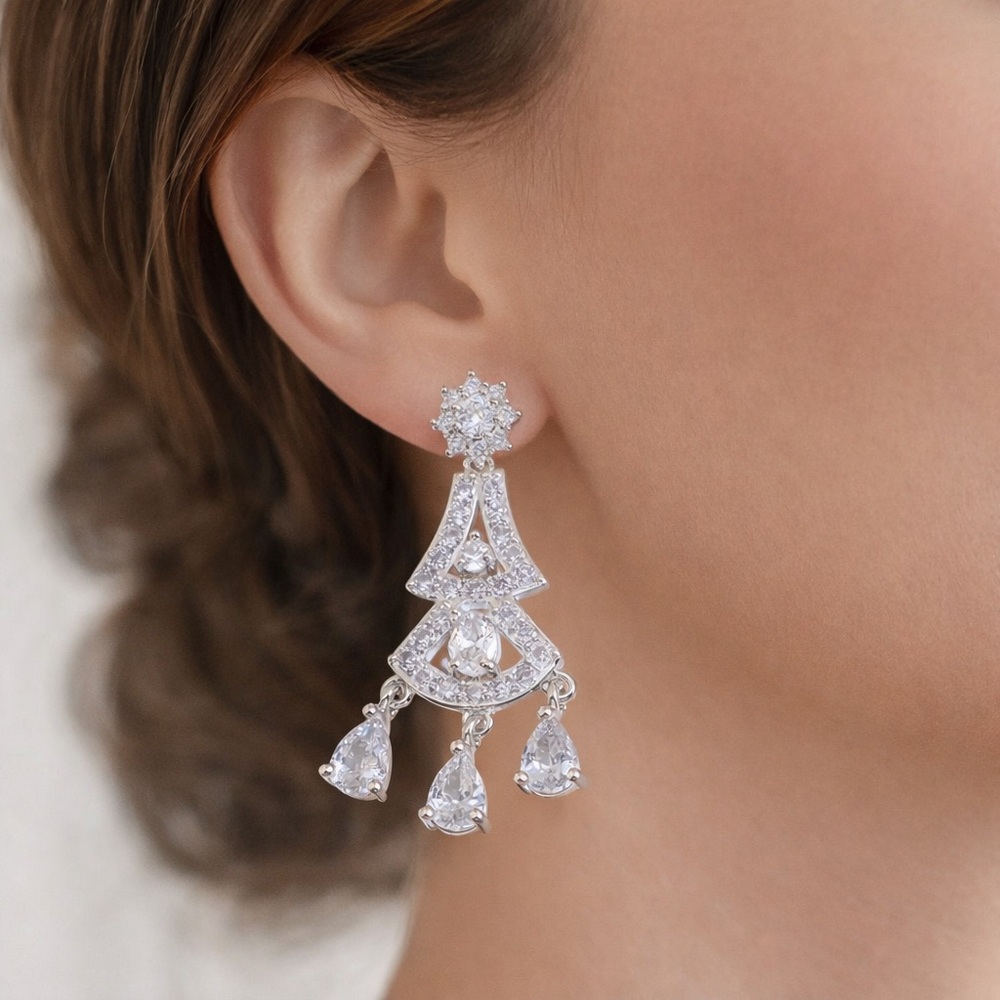 Simulated Diamond Silvertone Chandelier Earrings | Formal & Wedding